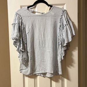 Anthropologie Blue and White Striped Blouse with Ruffle Sleeves